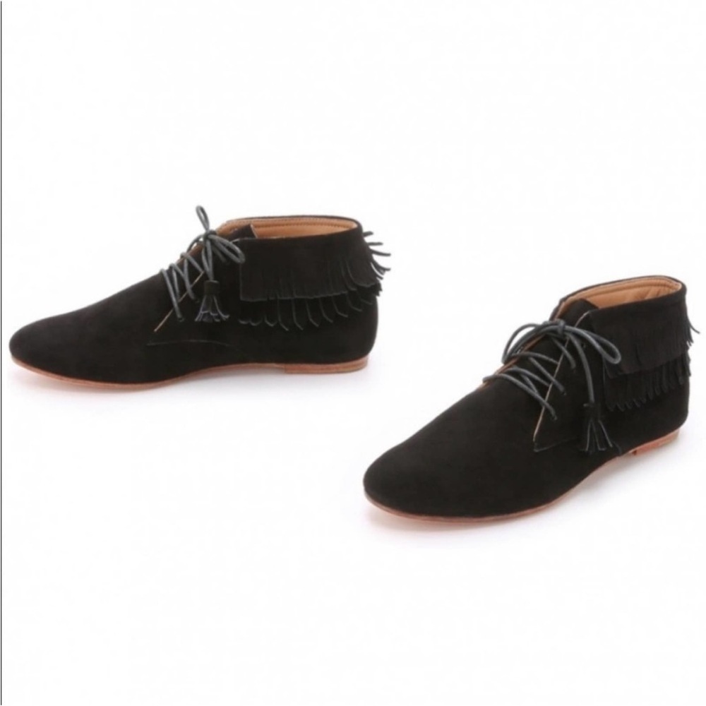 Ulla Johnson Adelaide Black Suede Lace Up Fringe Moccasin Booties Size 35
